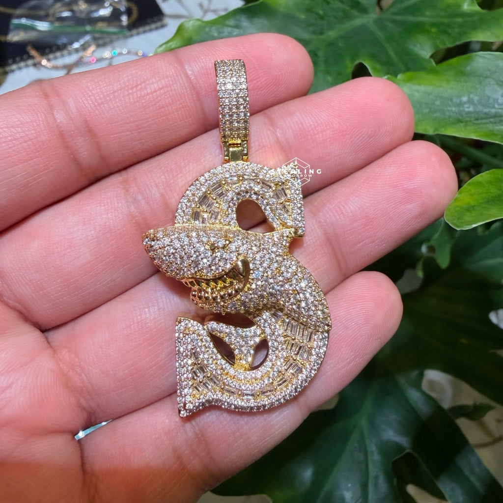 Iced Shark Pendant Necklace | 14K Gold Plated CZ Diamond Baguette Hip Hop Chain | S Initial Letter Jewelry Gift