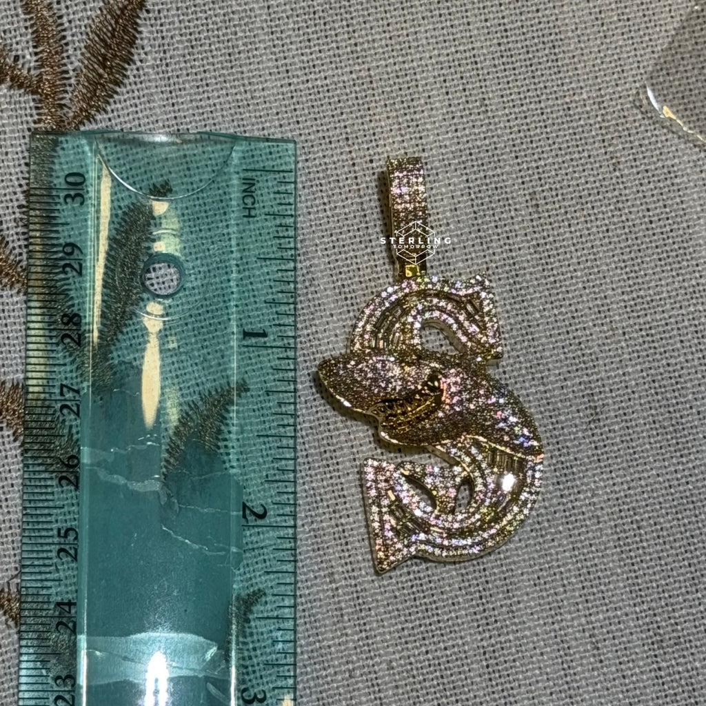 Iced Shark Pendant Necklace | 14K Gold Plated CZ Diamond Baguette Hip Hop Chain | S Initial Letter Jewelry Gift