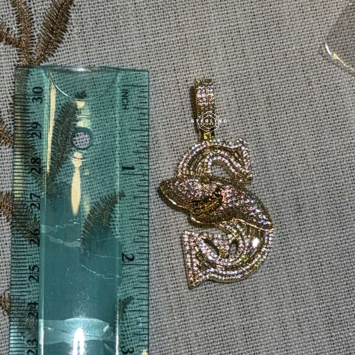 Iced Shark Pendant Necklace | 14K Gold Plated CZ Diamond Baguette Hip Hop Chain | S Initial Letter Jewelry Gift