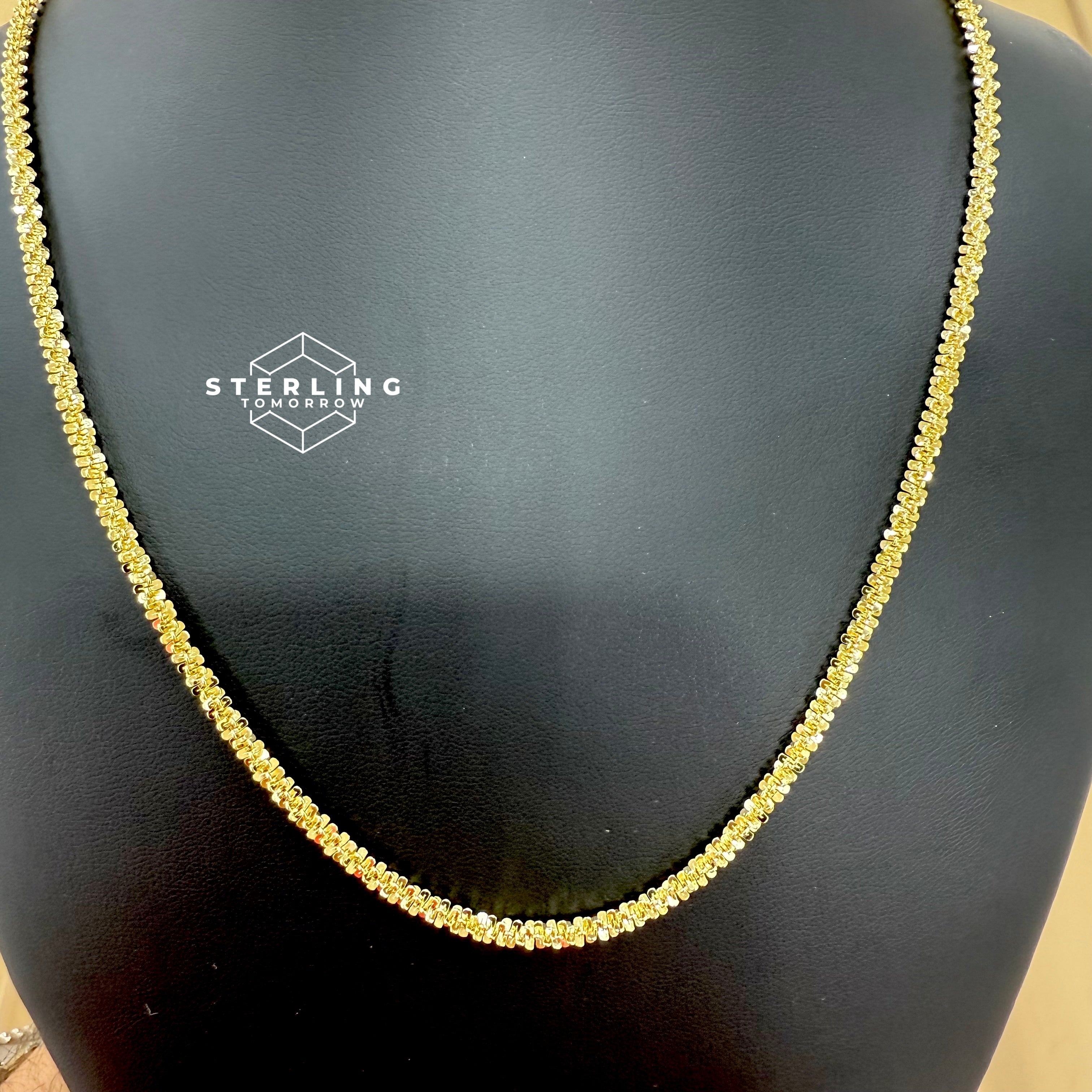 Popcorn Chain Necklace Diamond Cut - 925 Silver 14K Gold Plated - 3mm 22"