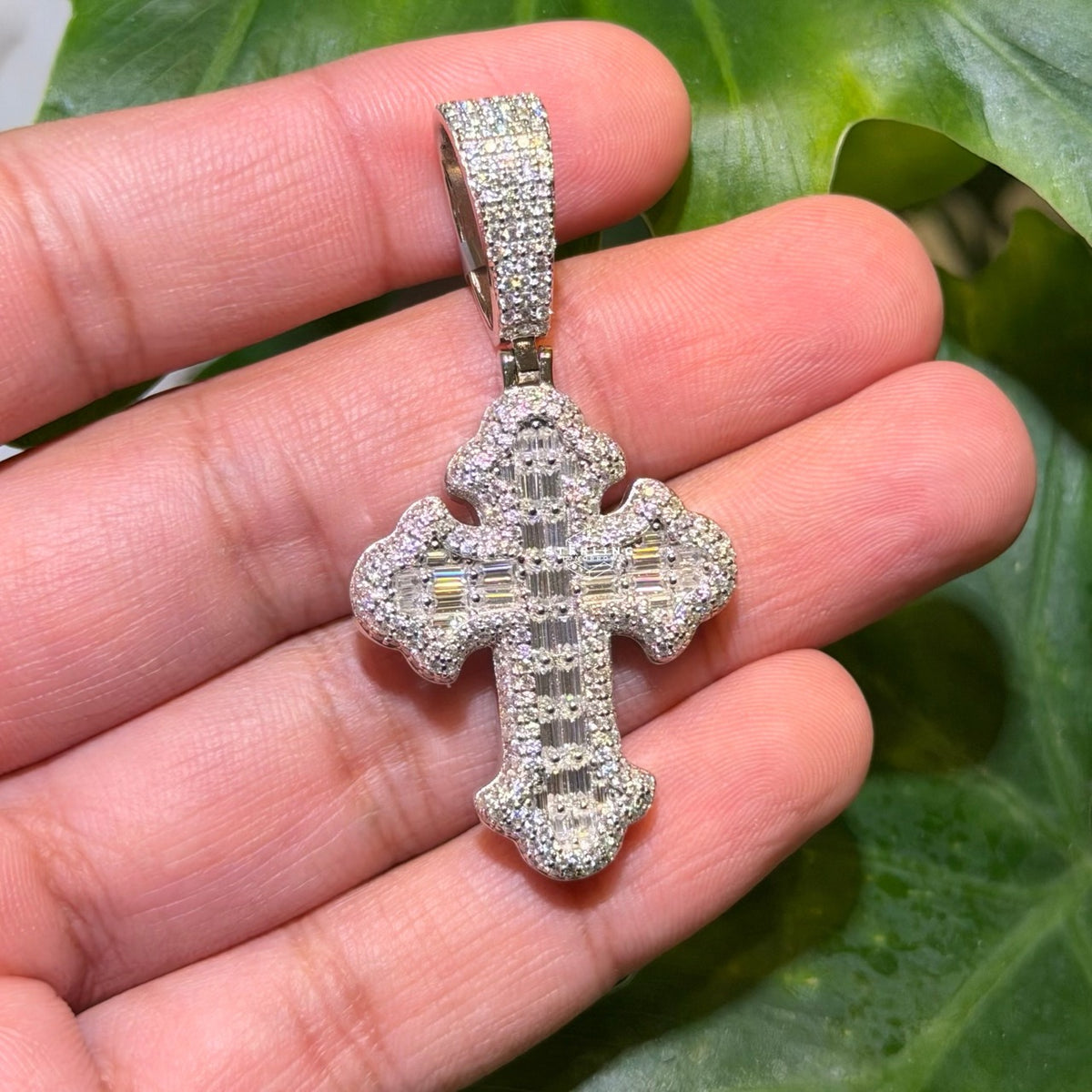 Moissanite Baguette Cross Pendant + Rope Chain