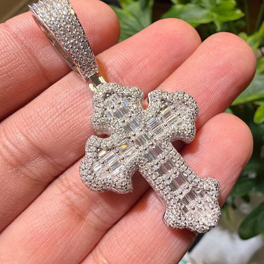 Moissanite Baguette Cross Pendant + Rope Chain
