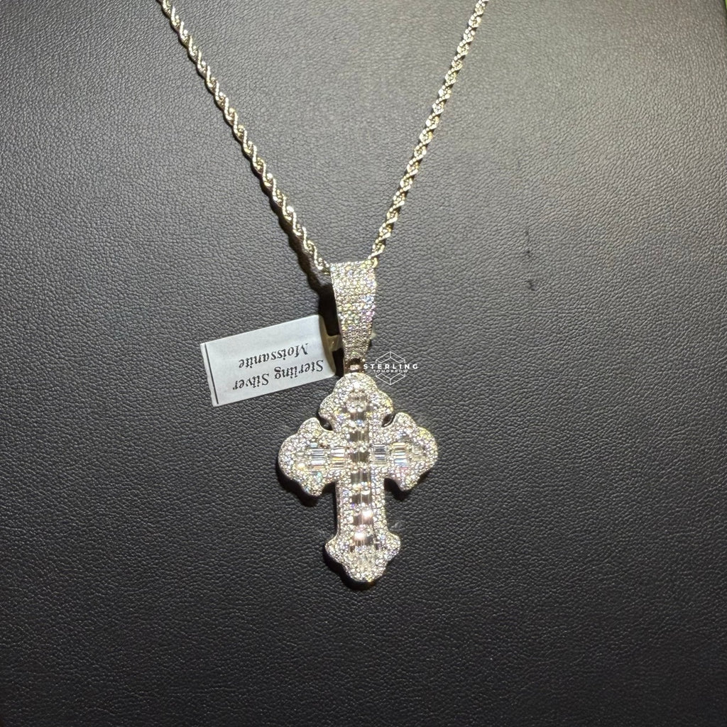 Moissanite Baguette Cross Pendant + Rope Chain