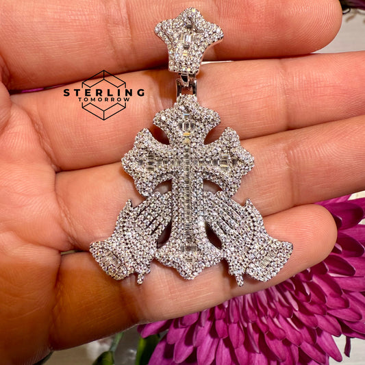 Moissanite Cross Prayer Hands 2" Pendant