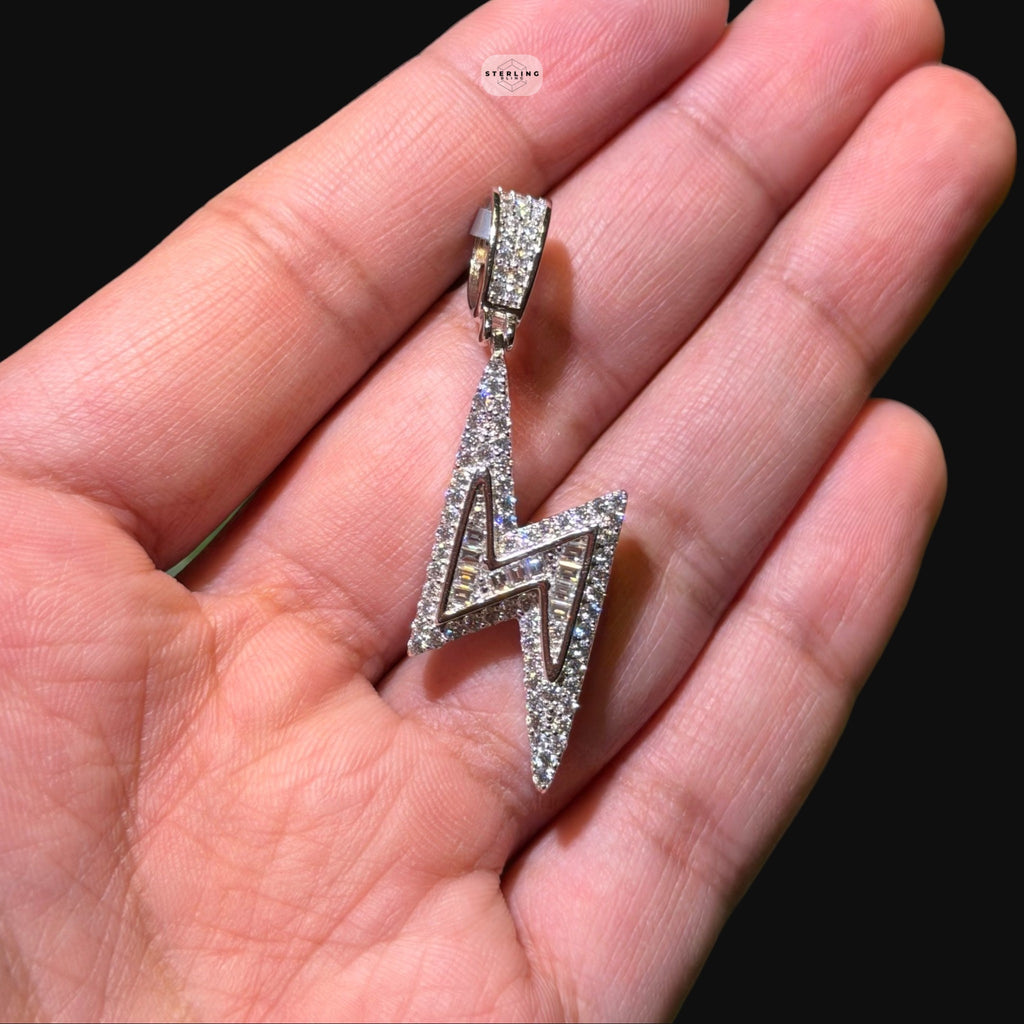Moissanite Baguette Lightning Bolt Pendant, 925 Silver Iced Out Hip Hop Necklace, GRA Certified w 24" Chain