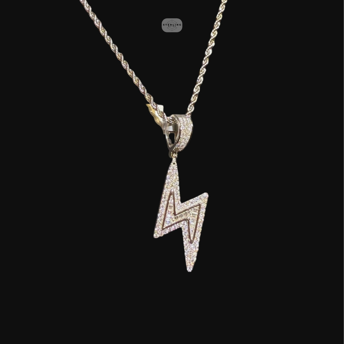 Moissanite Baguette Lightning Bolt Pendant, 925 Silver Iced Out Hip Hop Necklace, GRA Certified w 24" Chain
