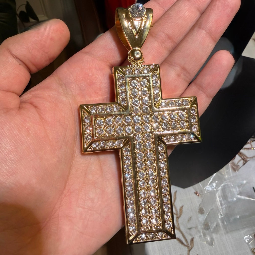Large 5" 14k Gold Plated Iced Cross Pendant