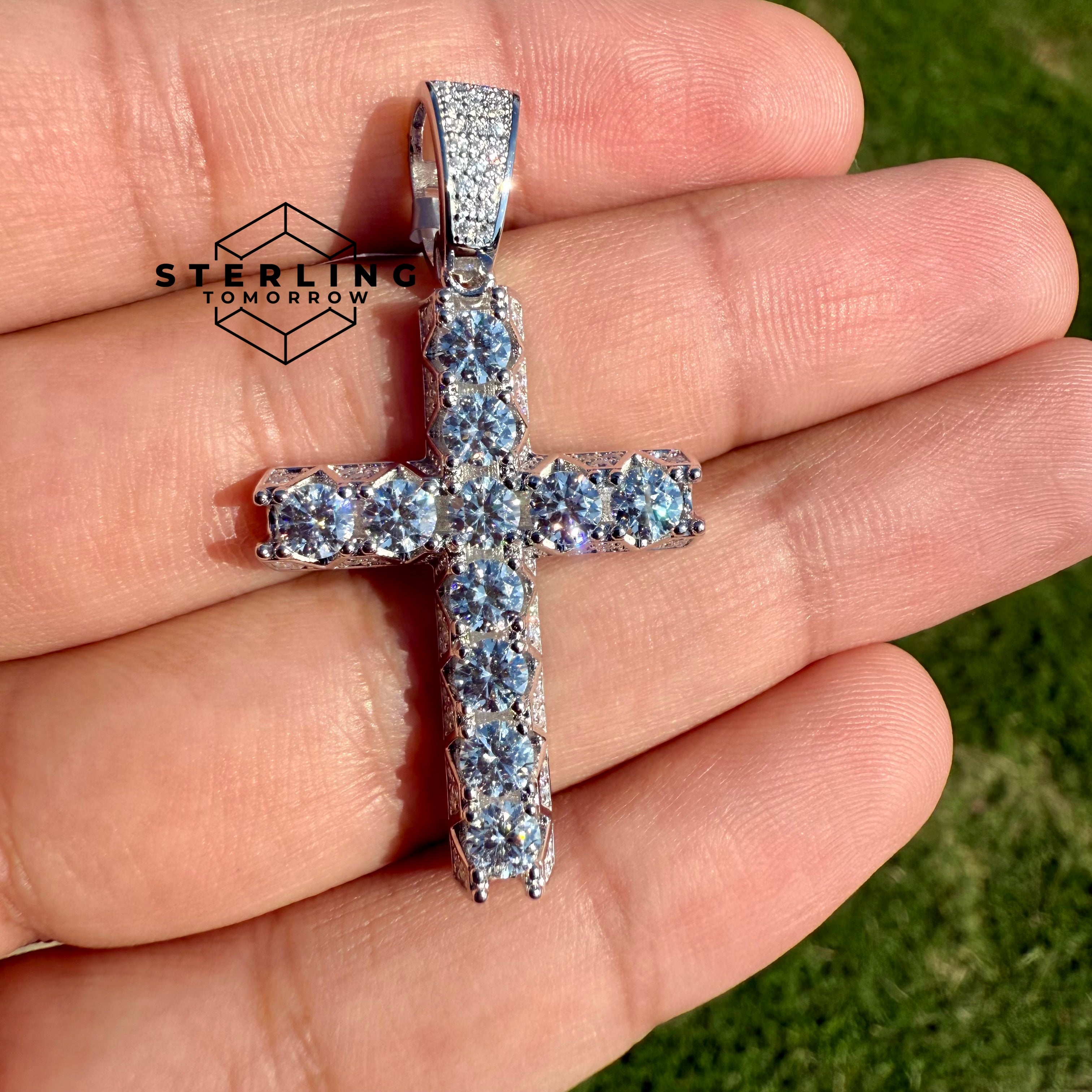 Moissanite Fully Iced Tennis Cross 1.6" Pendant