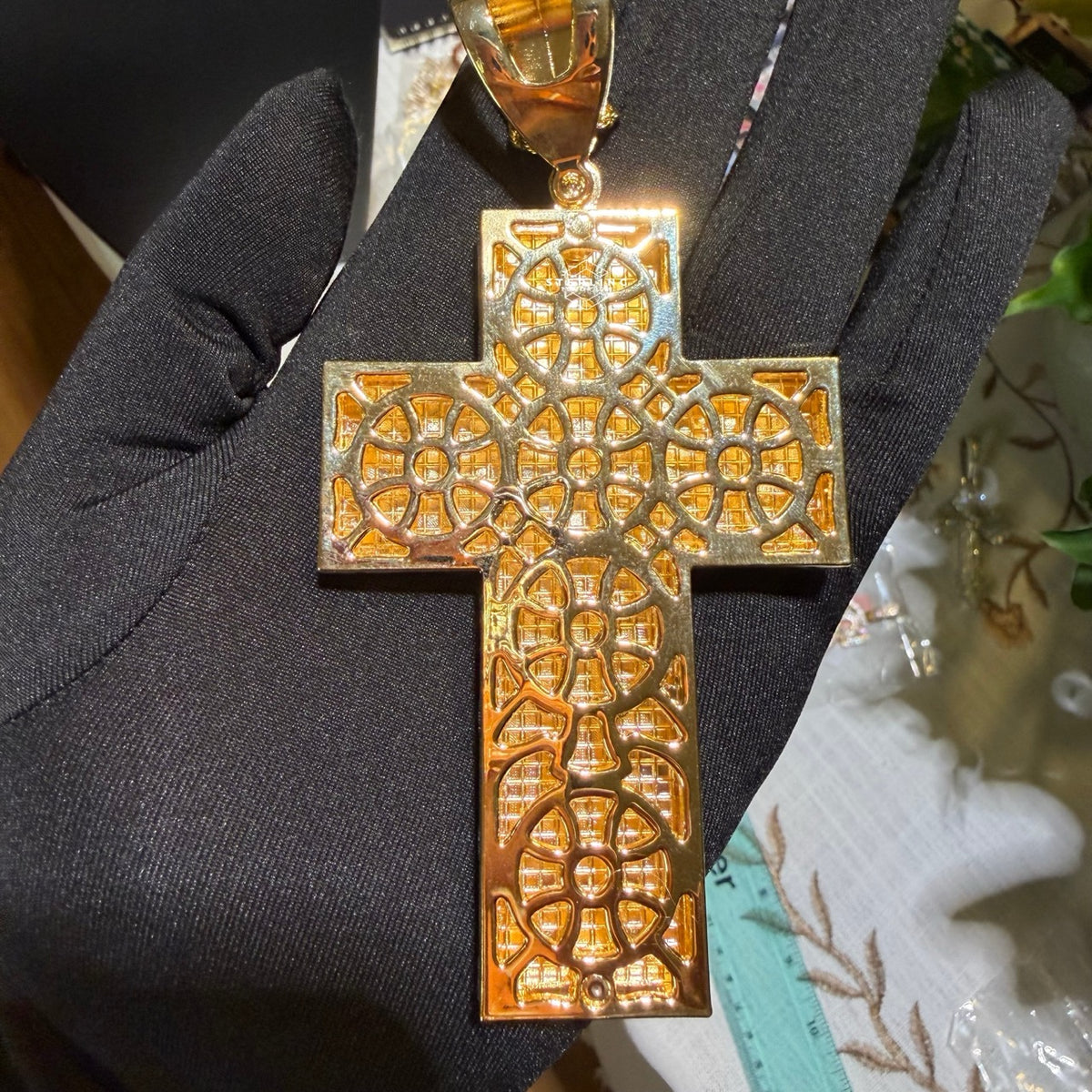 Large 5" 14k Gold Plated Iced Cross Pendant