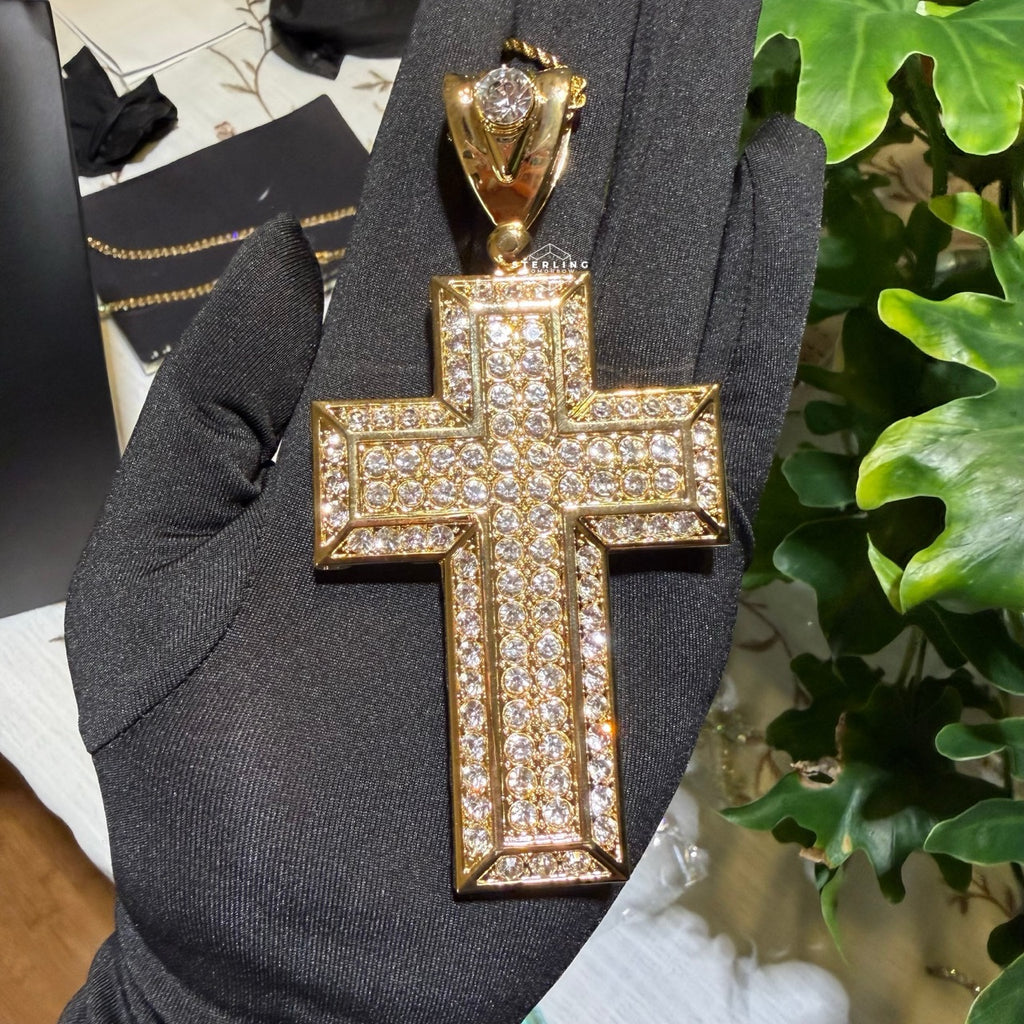 Large 5" 14k Gold Plated Iced Cross Pendant
