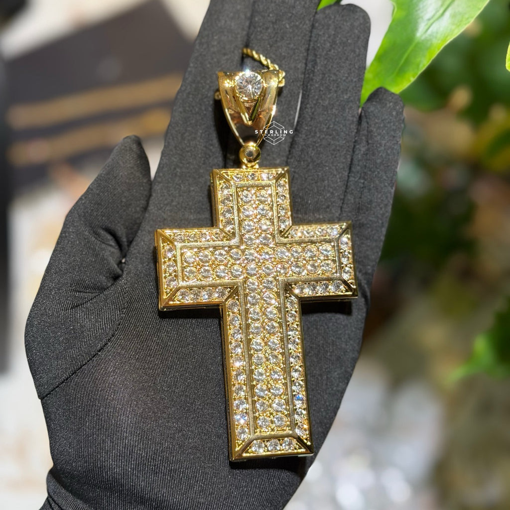 Large 5" 14k Gold Plated Iced Cross Pendant