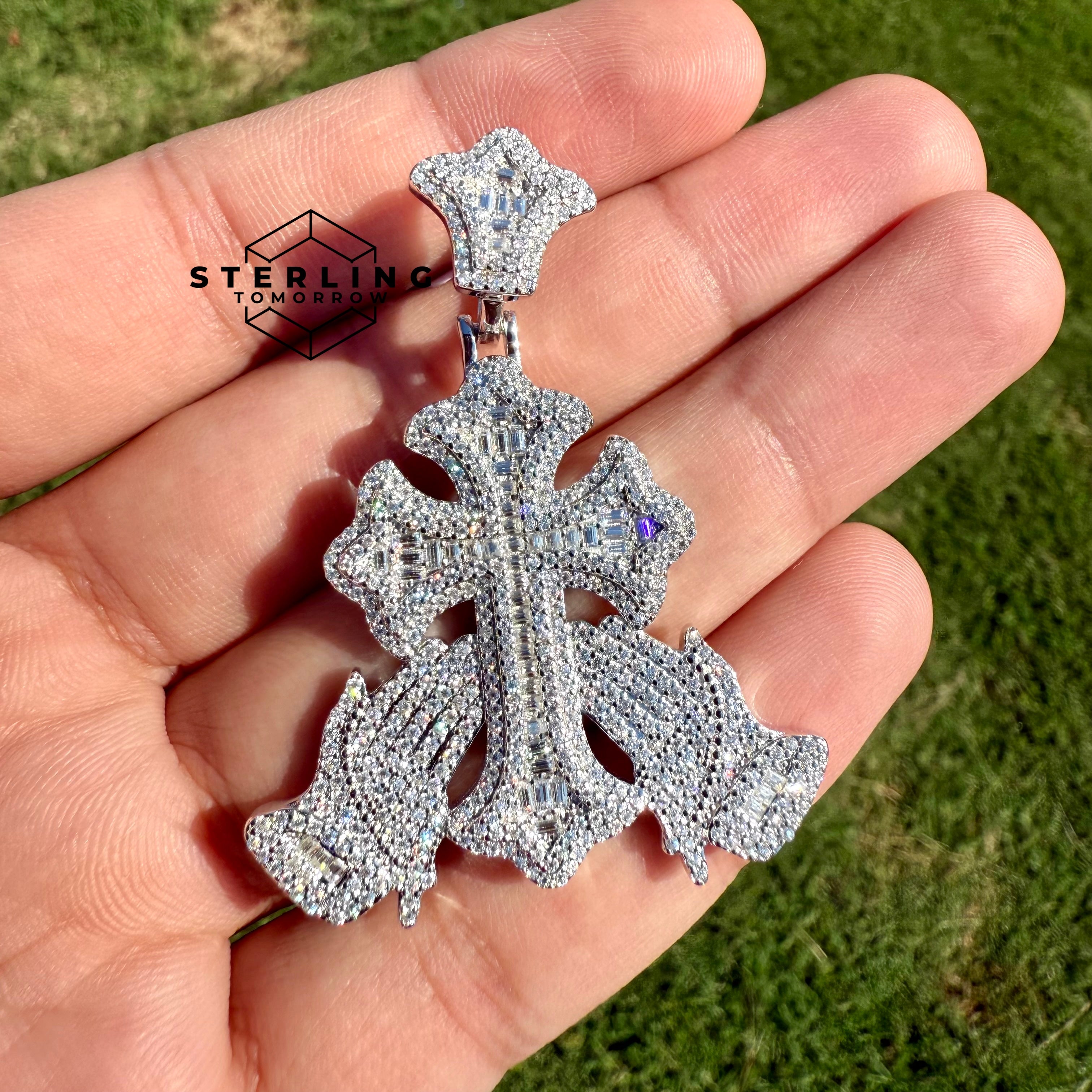 Moissanite Cross Prayer Hands 2" Pendant