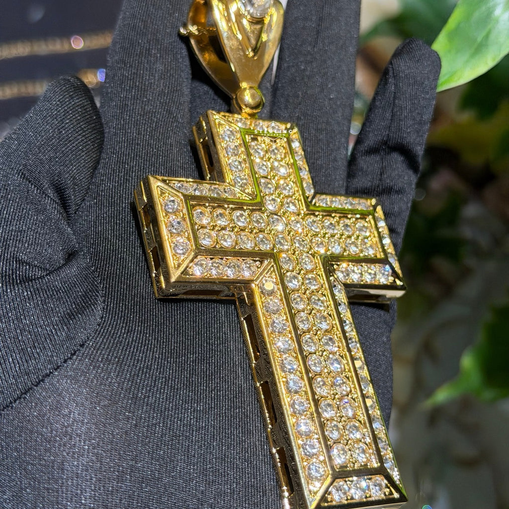 Large 5" 14k Gold Plated Iced Cross Pendant