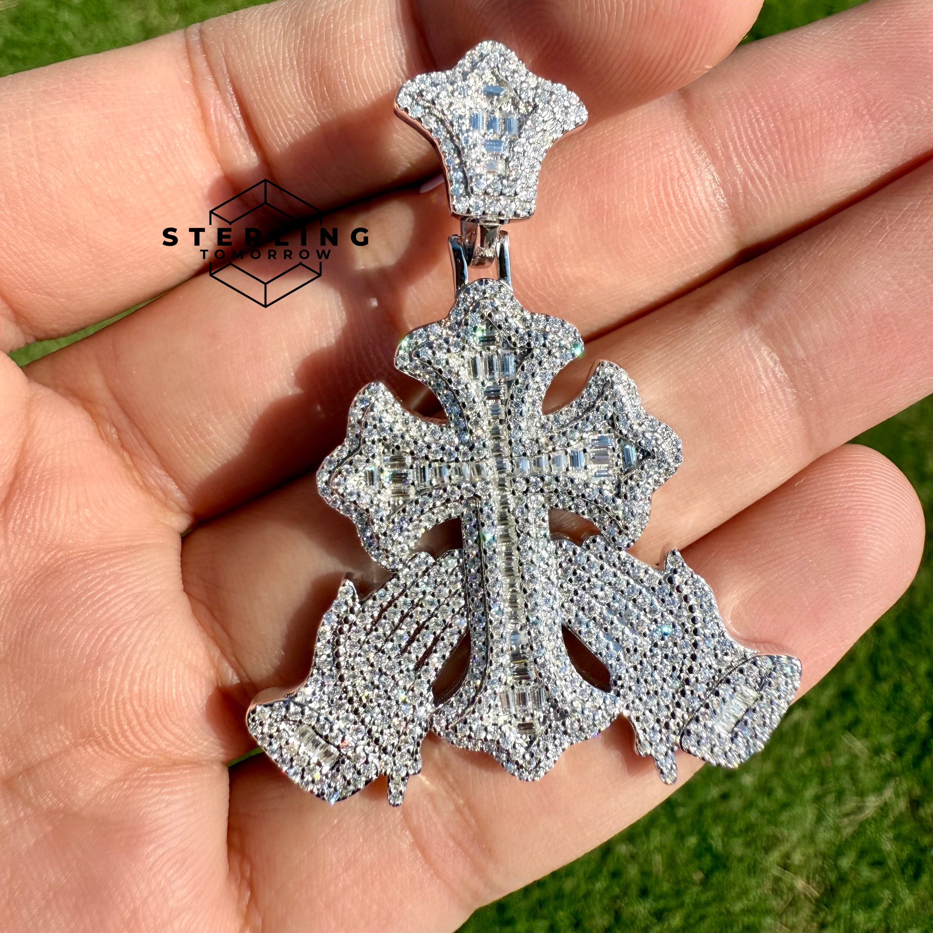 Moissanite Cross Prayer Hands 2" Pendant