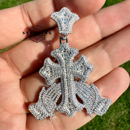 Moissanite Cross Prayer Hands 2" Pendant