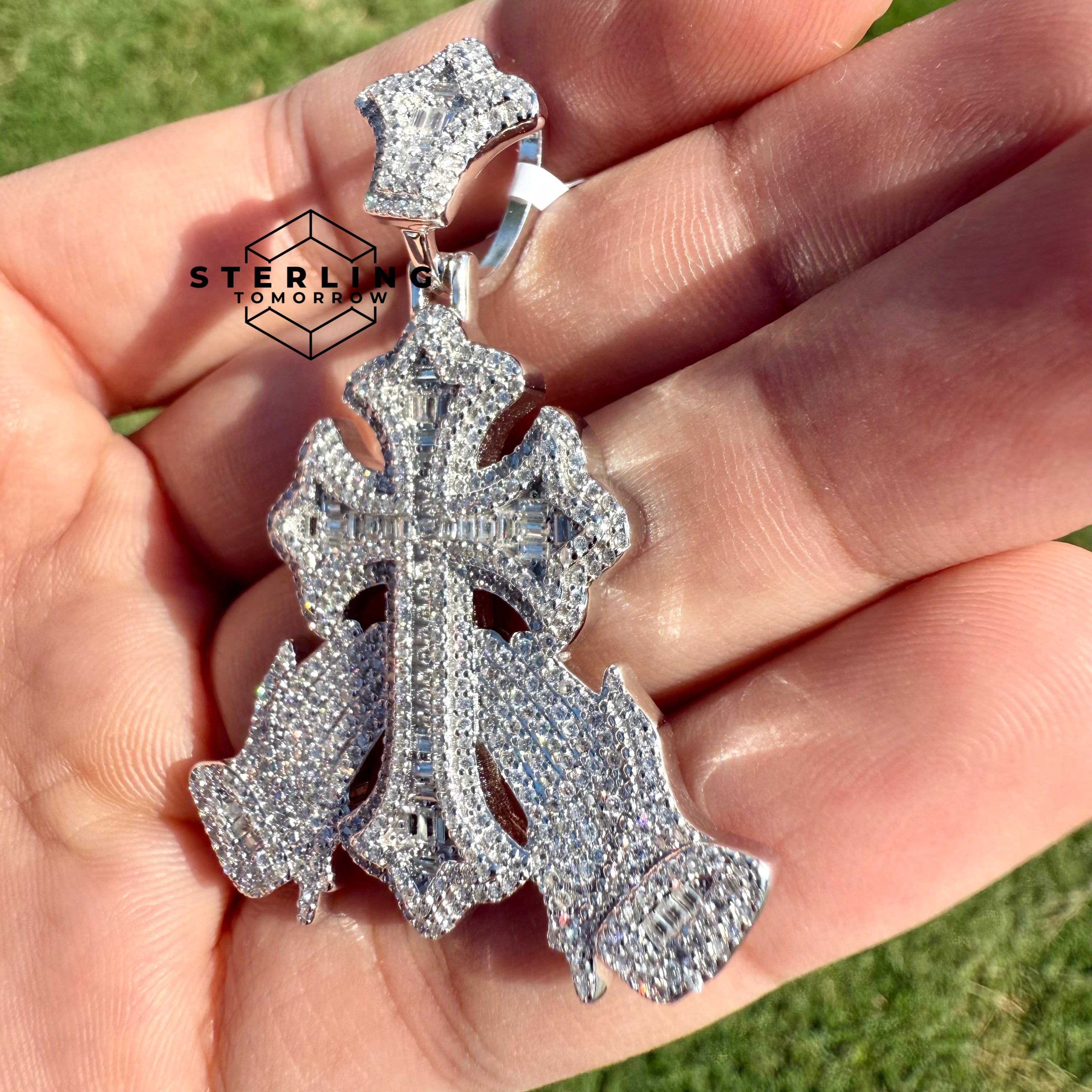 Moissanite Cross Prayer Hands 2" Pendant