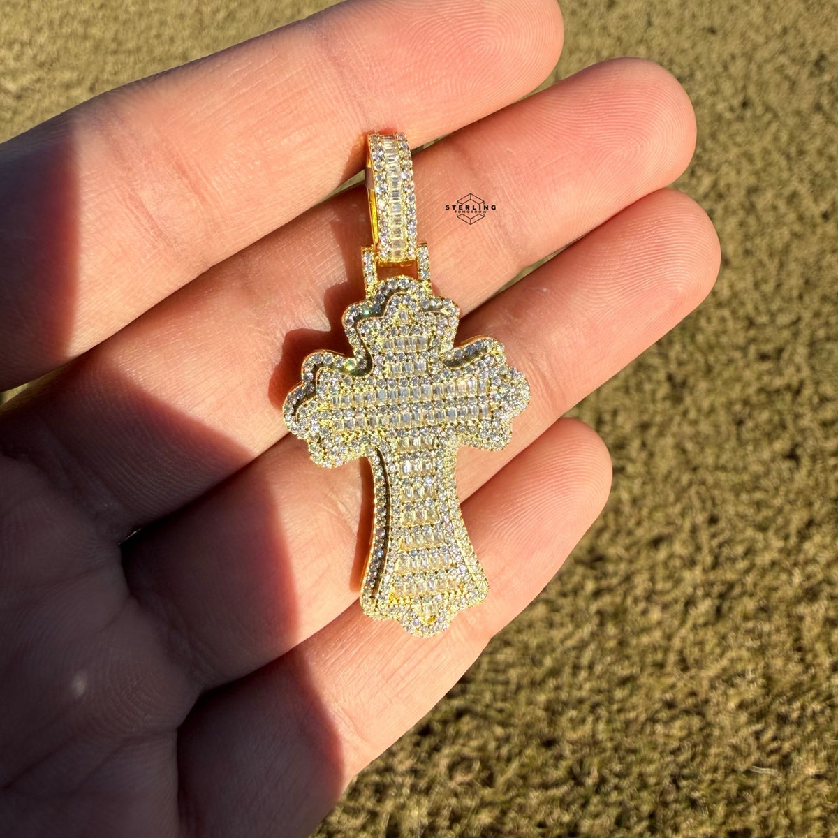 Moissanite Gothic Flared Cross 2" Pendant - Gold Tone