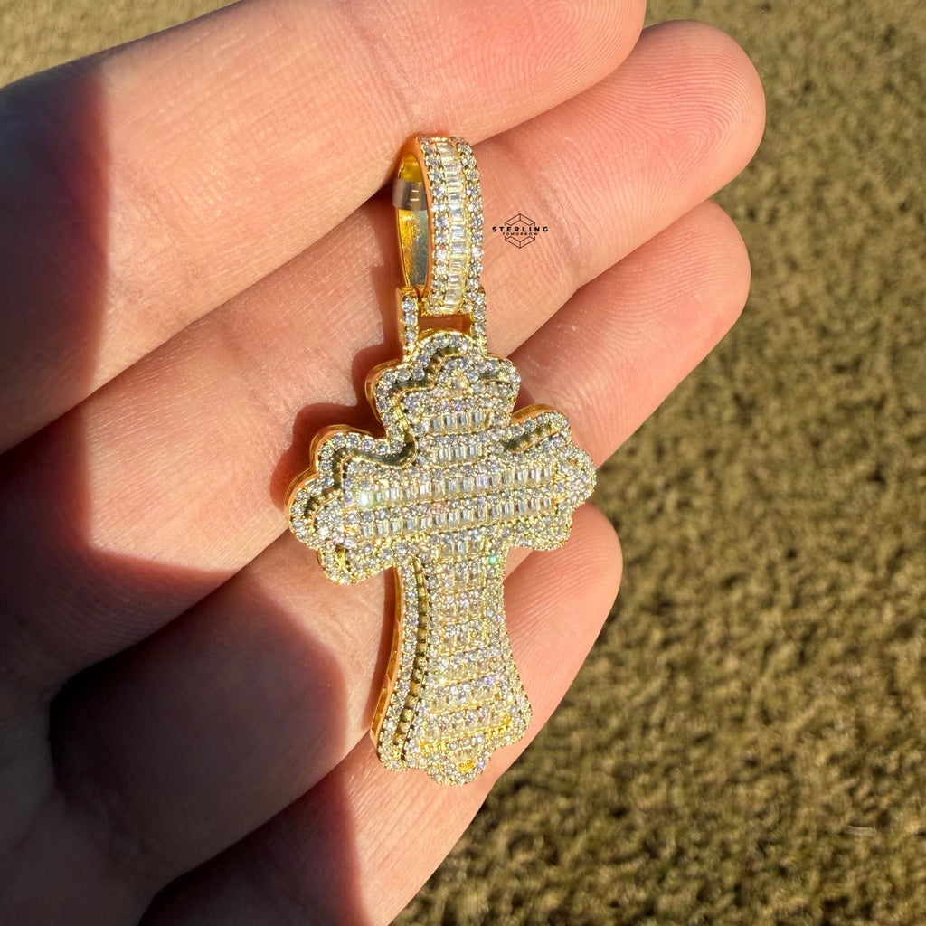 Moissanite Gothic Flared Cross 2" Pendant - Gold Tone