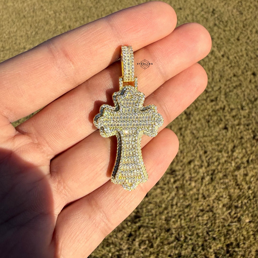 Moissanite Gothic Flared Cross 2" Pendant - Gold Tone