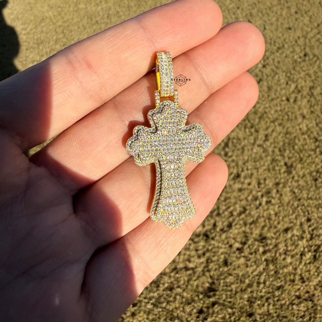Moissanite Gothic Flared Cross 2" Pendant - Gold Tone