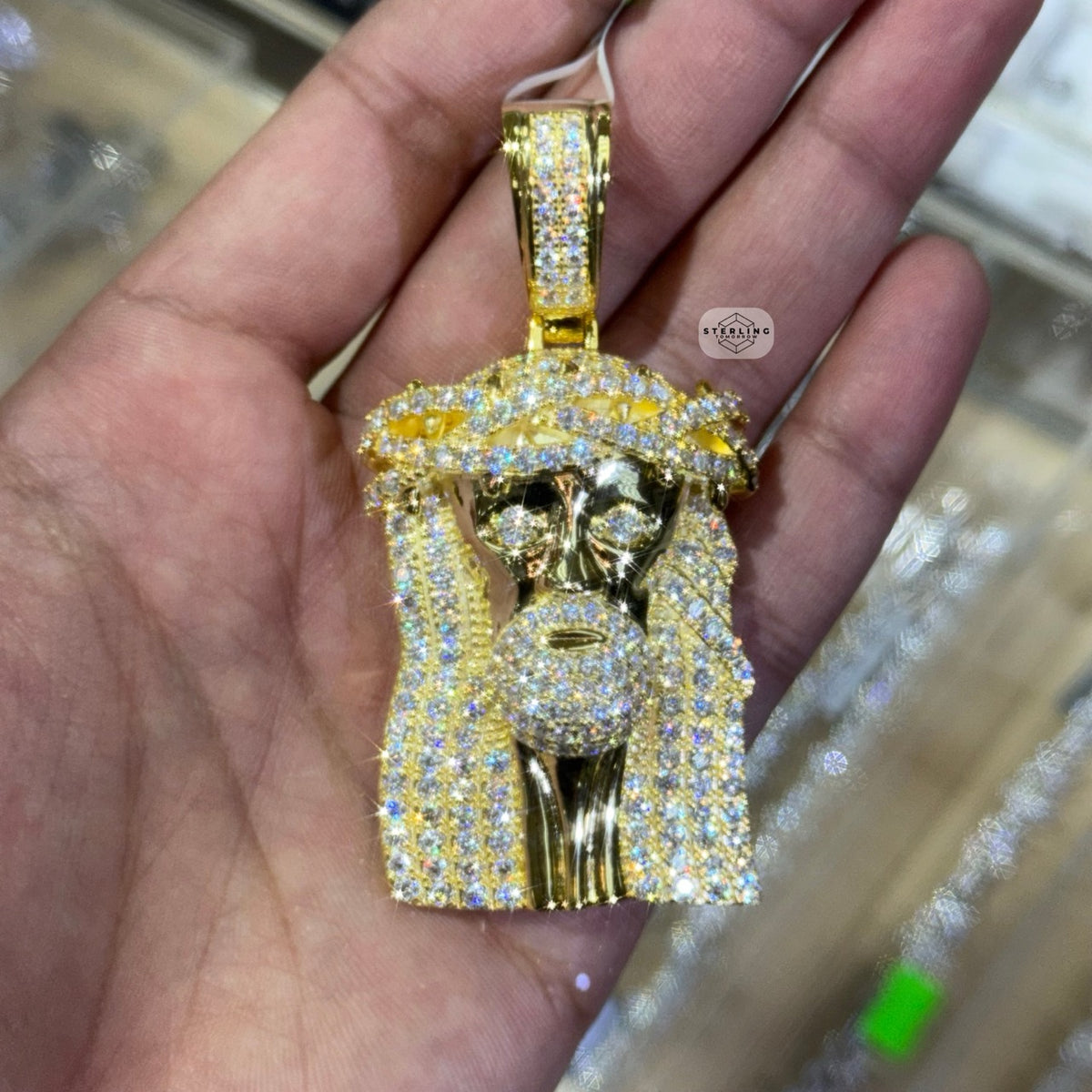 Moissanite 3" Jesus Pendant Gold Tone