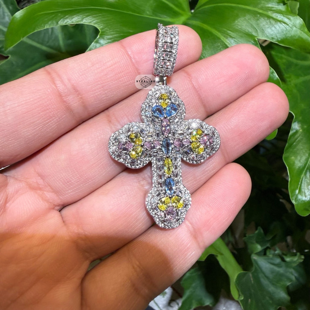 MultiColor Cross Pendant 14k White Gold Plated + Steel Rope Chain