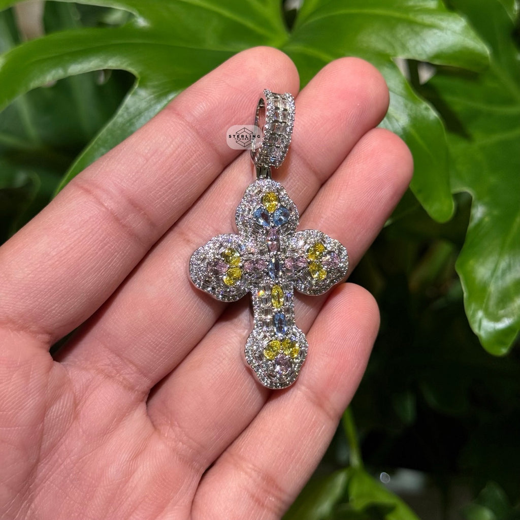 MultiColor Cross Pendant 14k White Gold Plated + Steel Rope Chain