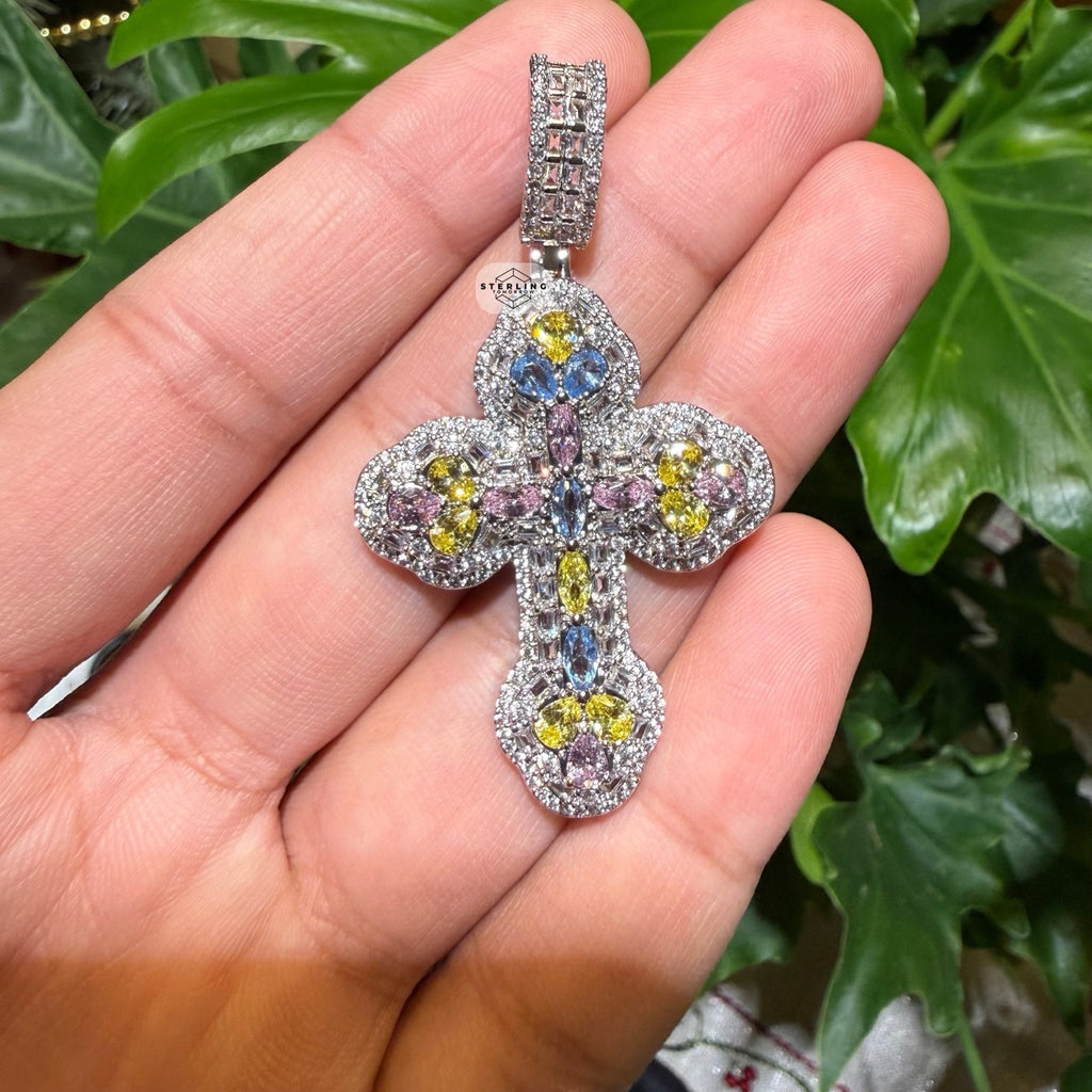 MultiColor Cross Pendant 14k White Gold Plated + Steel Rope Chain