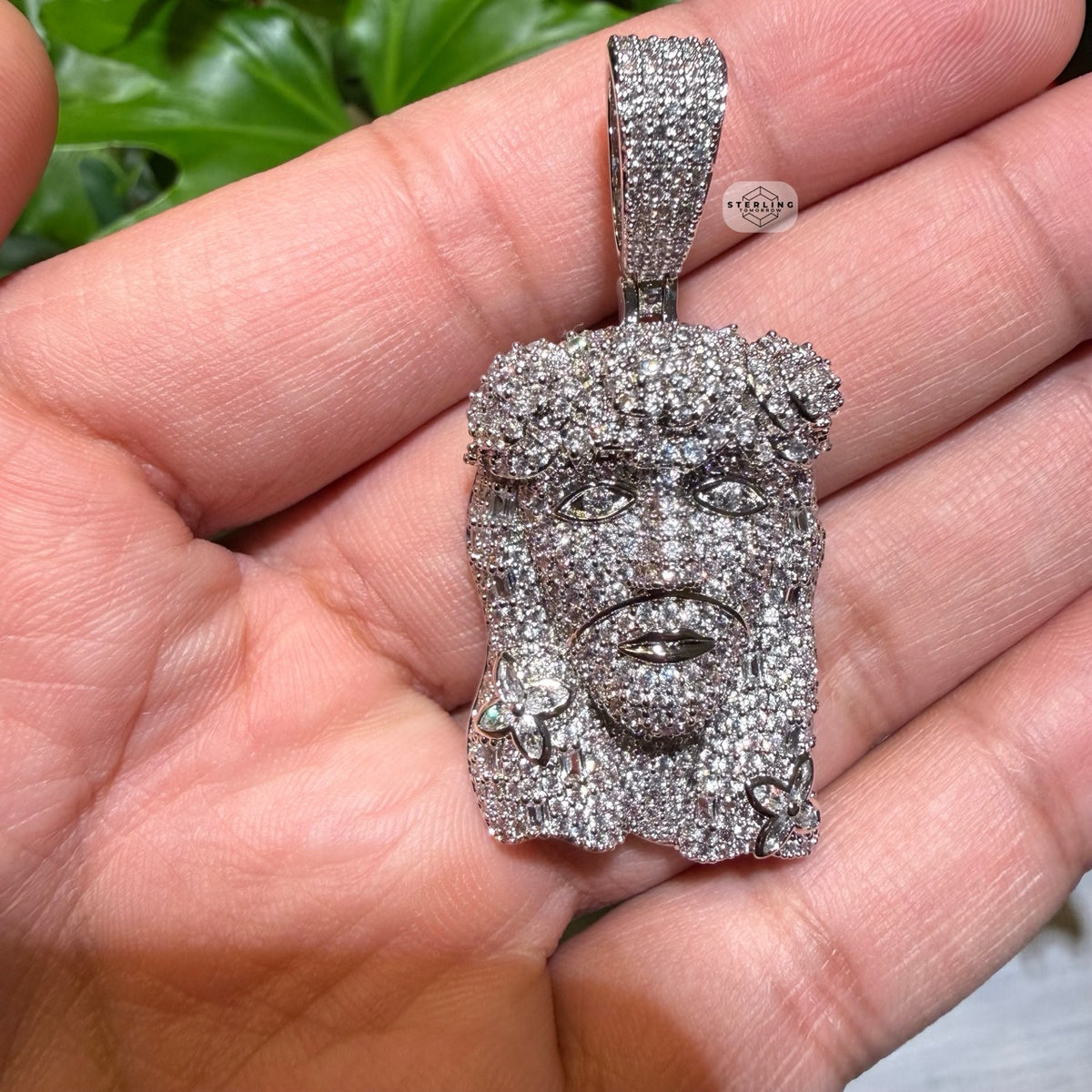 14K White Gold Finish Jesus Flower Pendant + Steel Rope Chain
