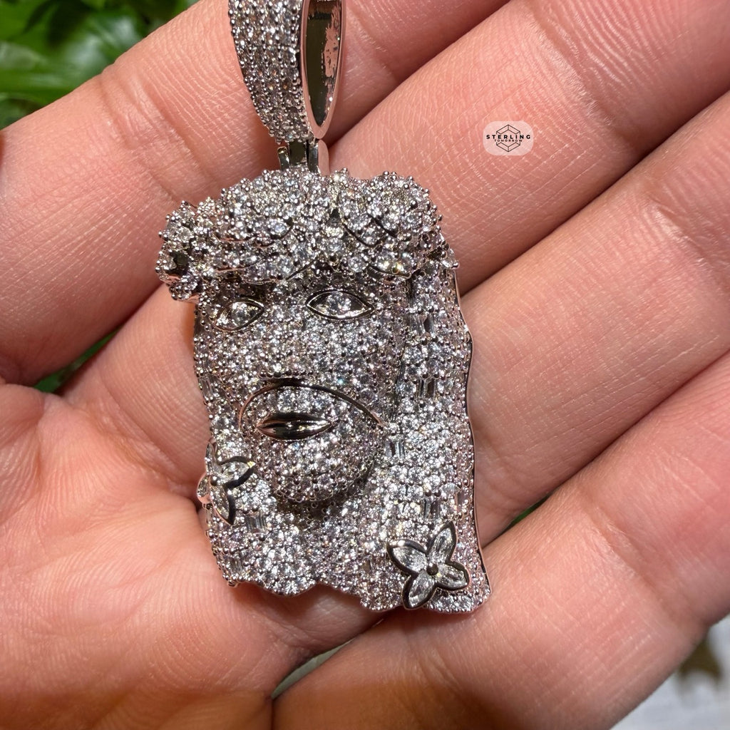 14K White Gold Finish Jesus Flower Pendant + Steel Rope Chain