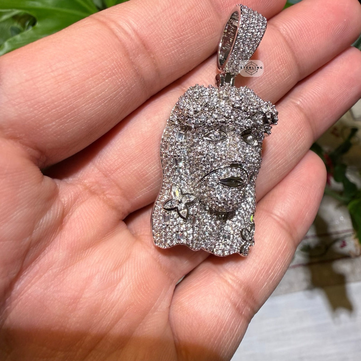 14K White Gold Finish Jesus Flower Pendant + Steel Rope Chain