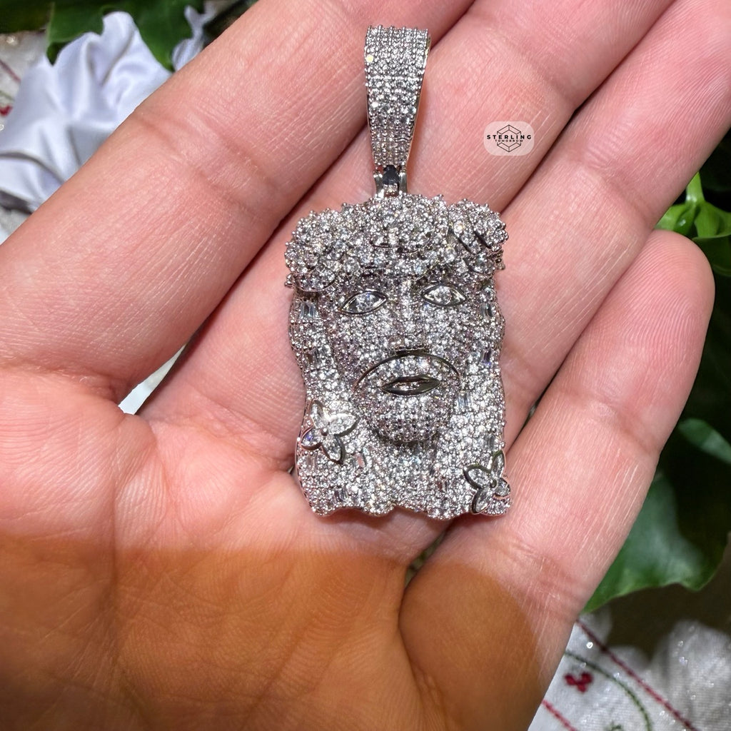 14K White Gold Finish Jesus Flower Pendant + Steel Rope Chain