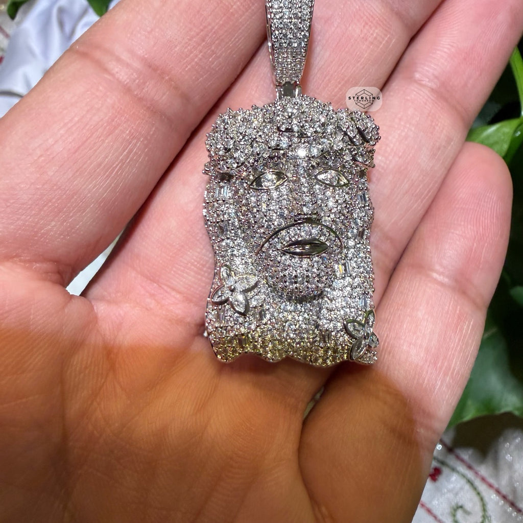 14K White Gold Finish Jesus Flower Pendant + Steel Rope Chain
