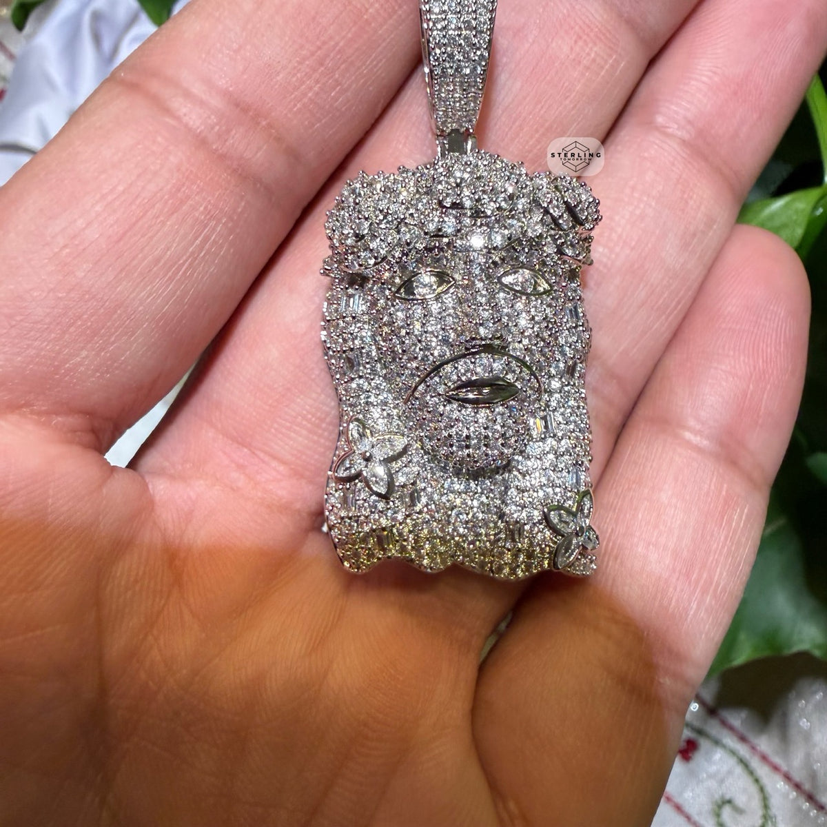 14K White Gold Finish Jesus Flower Pendant + Steel Rope Chain