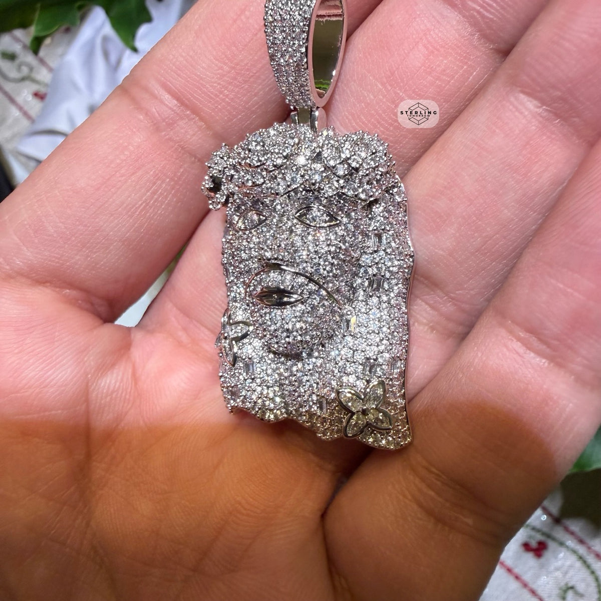 14K White Gold Finish Jesus Flower Pendant + Steel Rope Chain