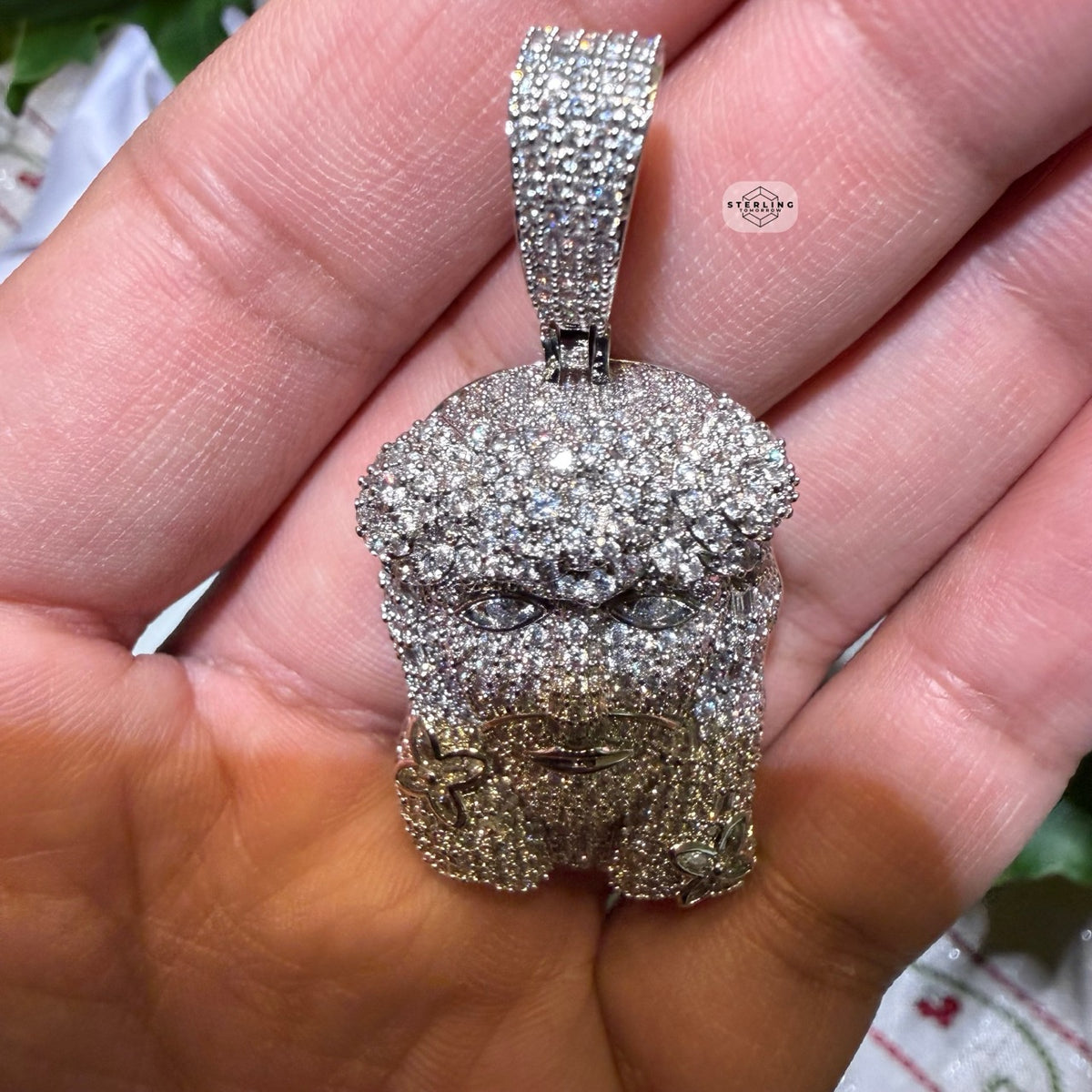 14K White Gold Finish Jesus Flower Pendant + Steel Rope Chain