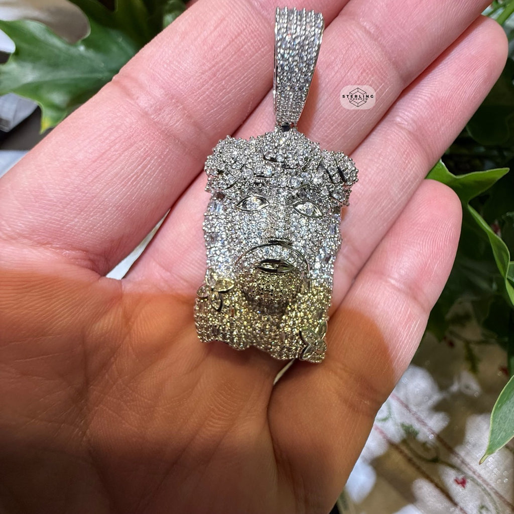 14K White Gold Finish Jesus Flower Pendant + Steel Rope Chain