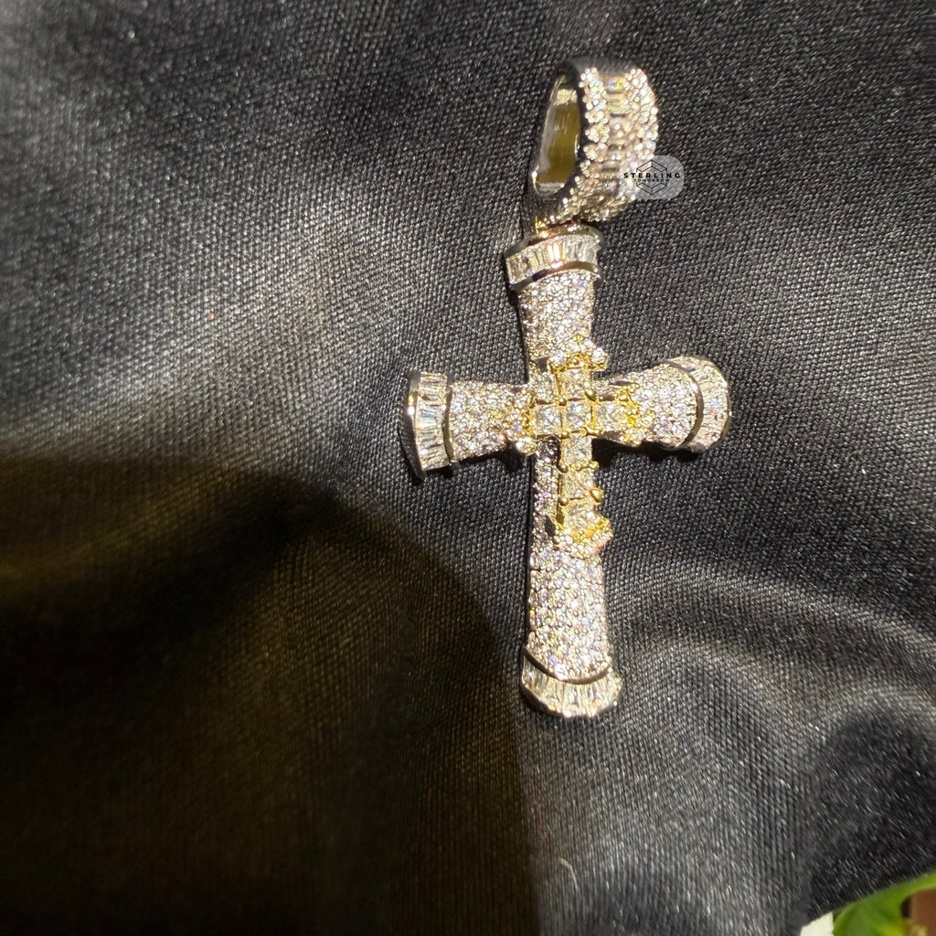 Moissanite Gothic Dual Cross Pendant - Yellow Two Tone