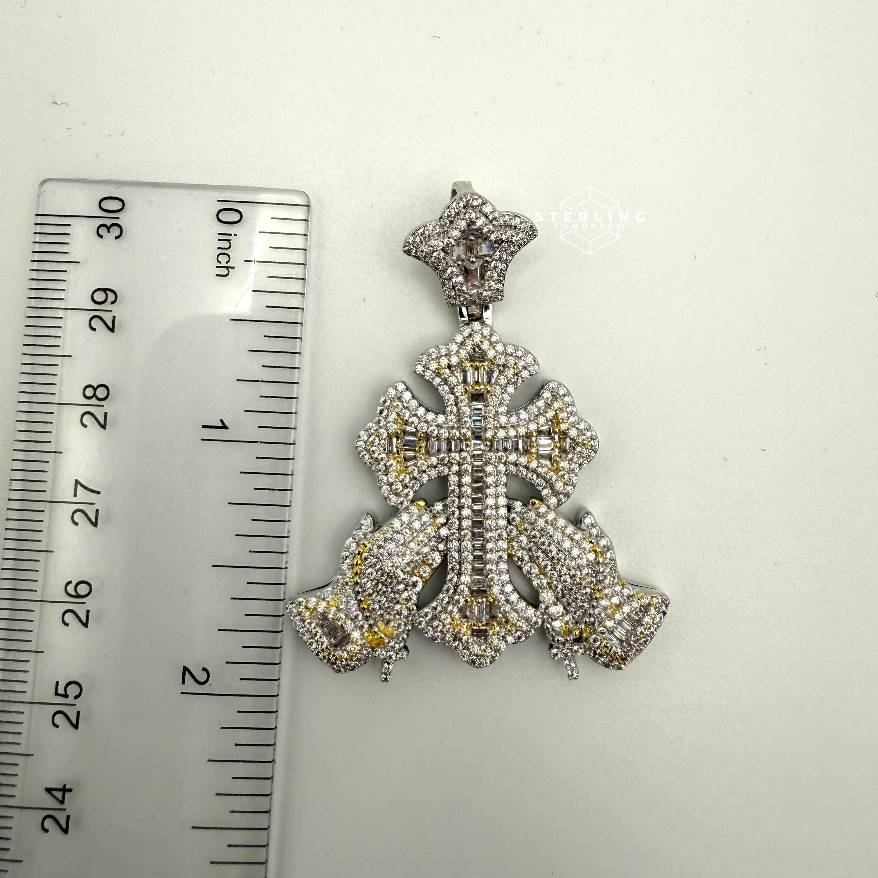 Cross with Praying Hands Yellow Two Tone Iced Out Pendant
