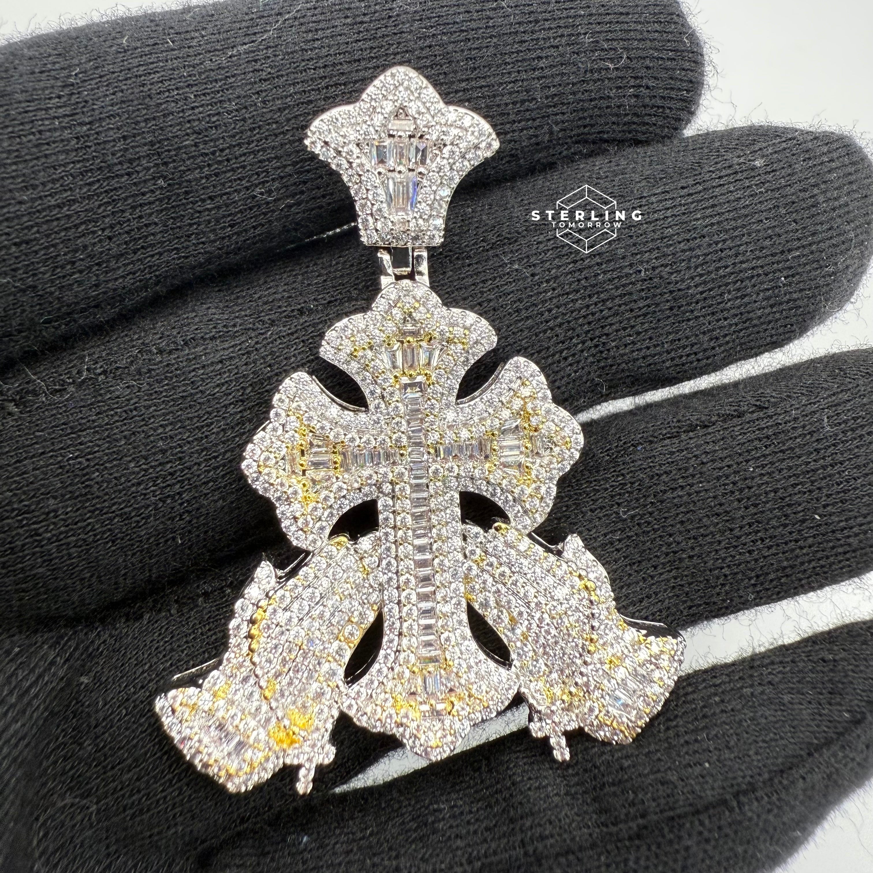 Cross with Praying Hands Yellow Two Tone Iced Out Pendant