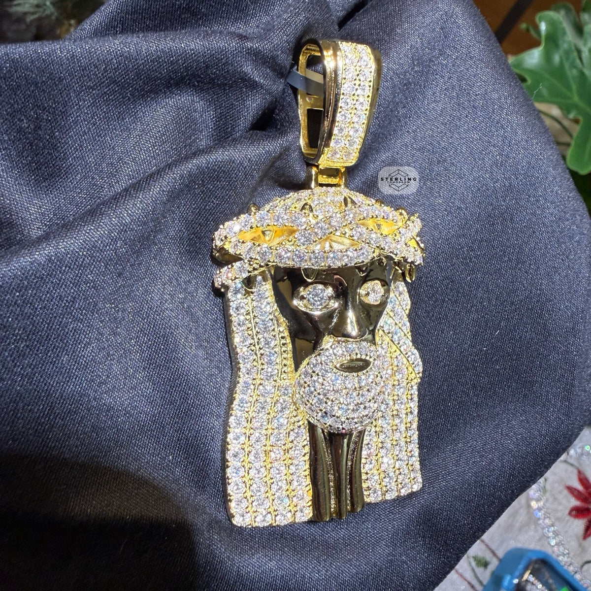 Moissanite 3" Jesus Pendant Gold Tone