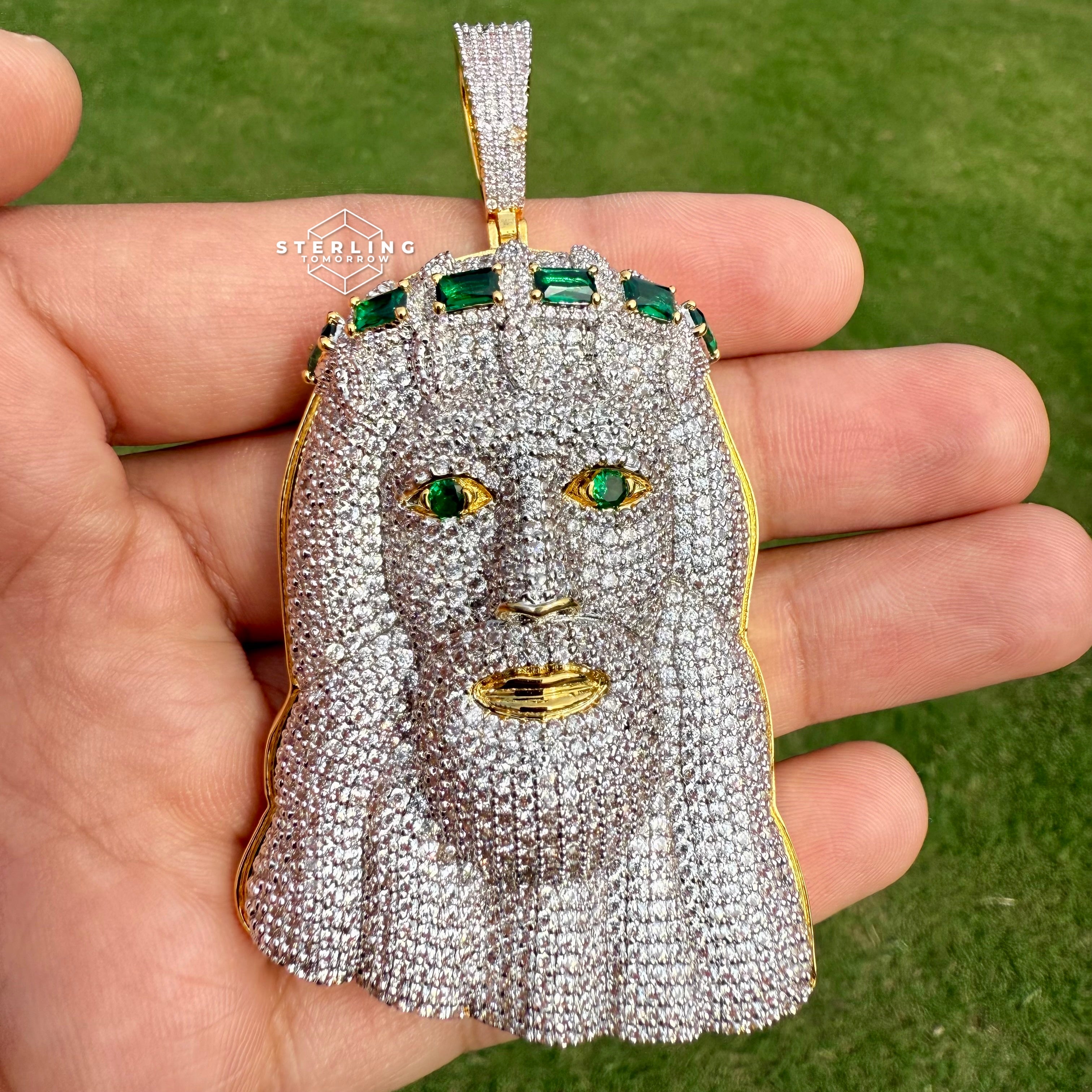 Jesus Large Green Gemstone Iced Out Pendant