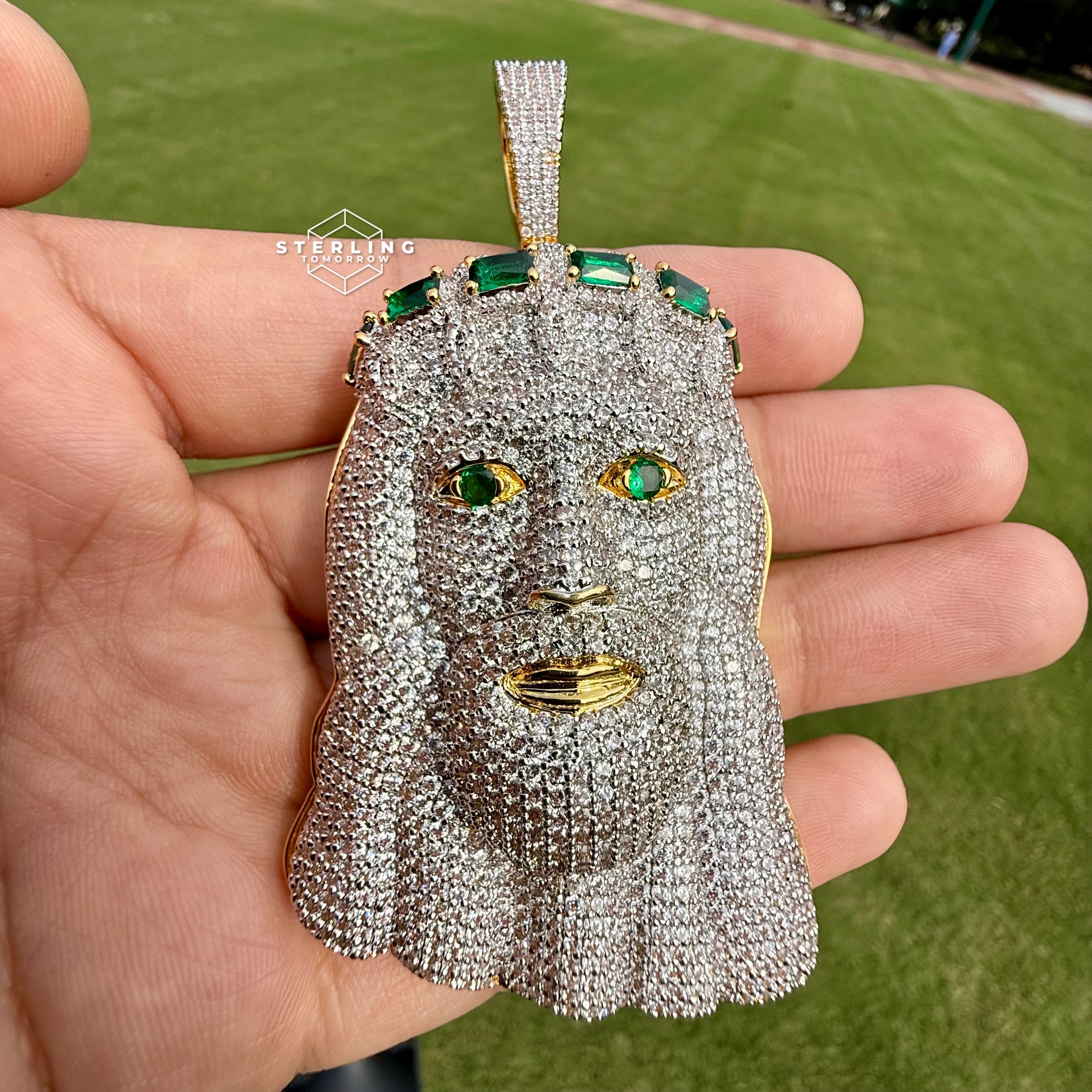 Jesus Large Green Gemstone Iced Out Pendant