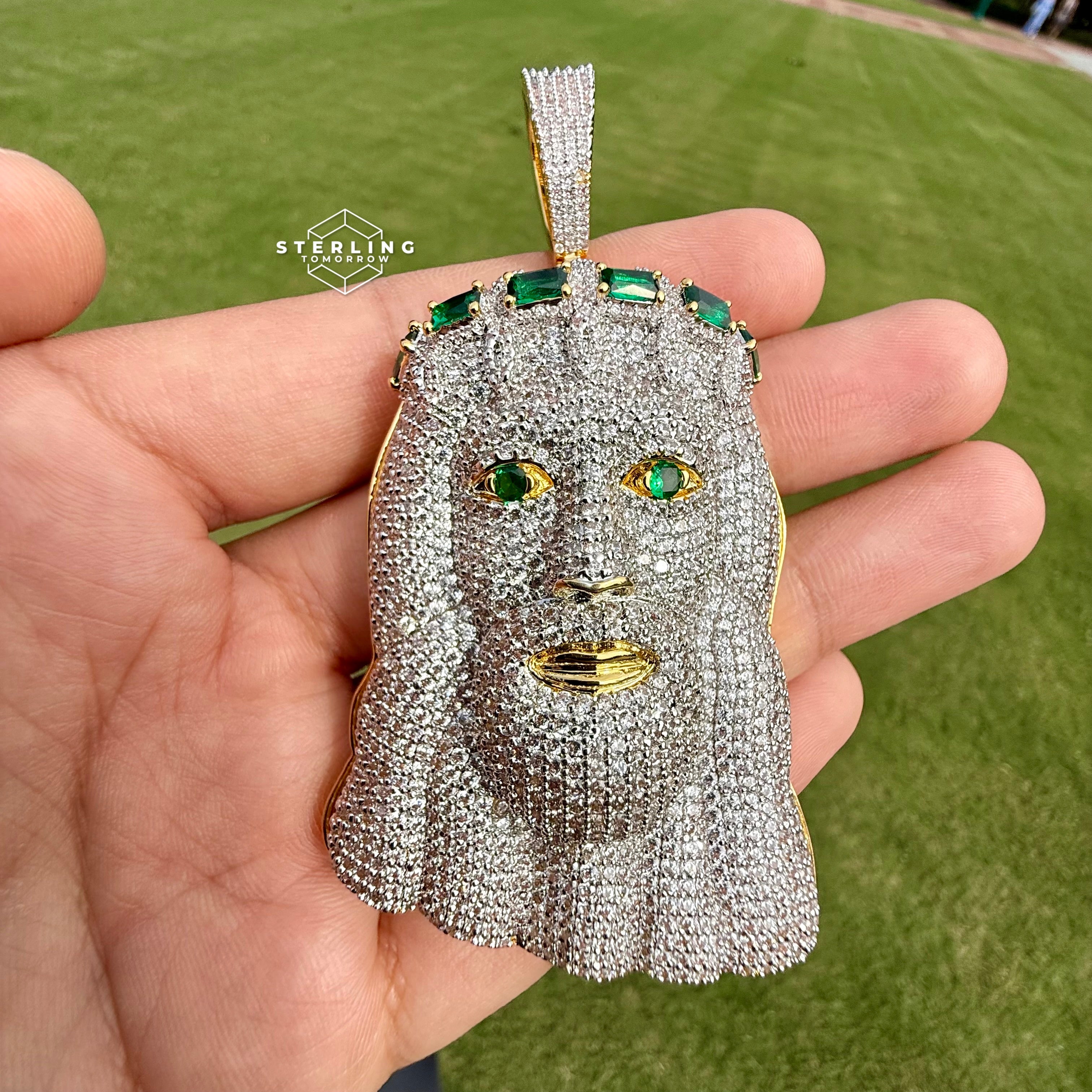 Jesus Large Green Gemstone Iced Out Pendant