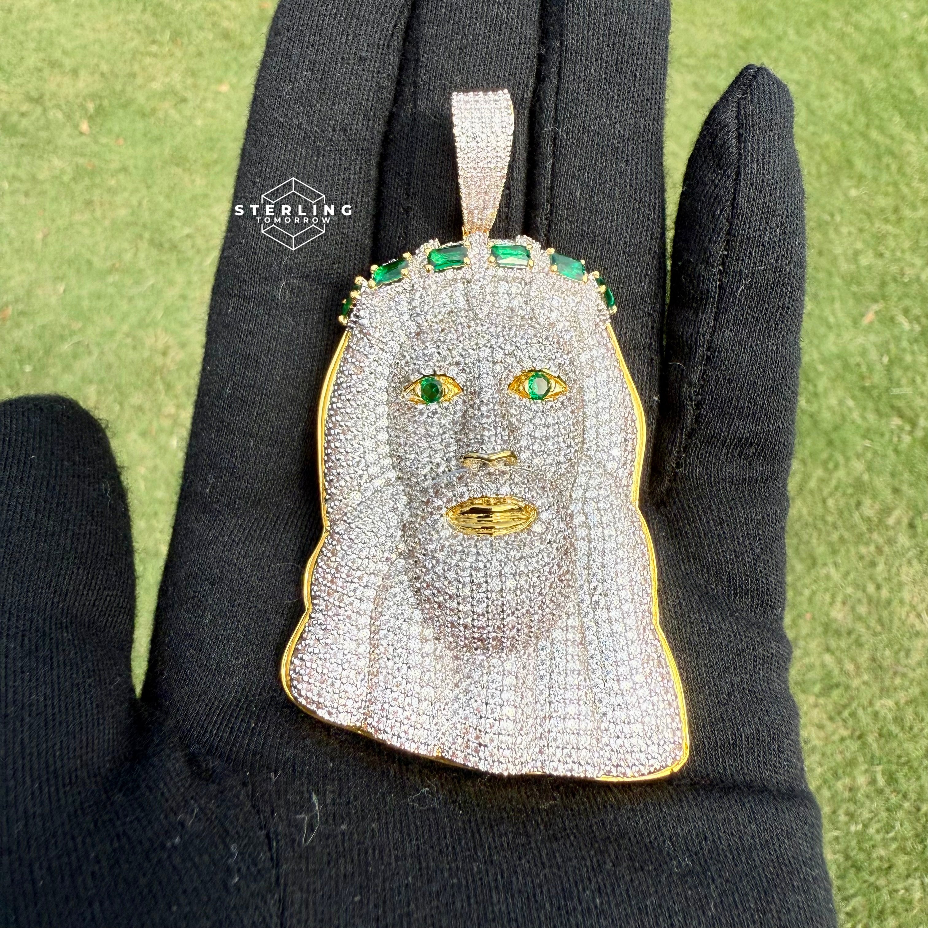 Jesus Large Green Gemstone Iced Out Pendant