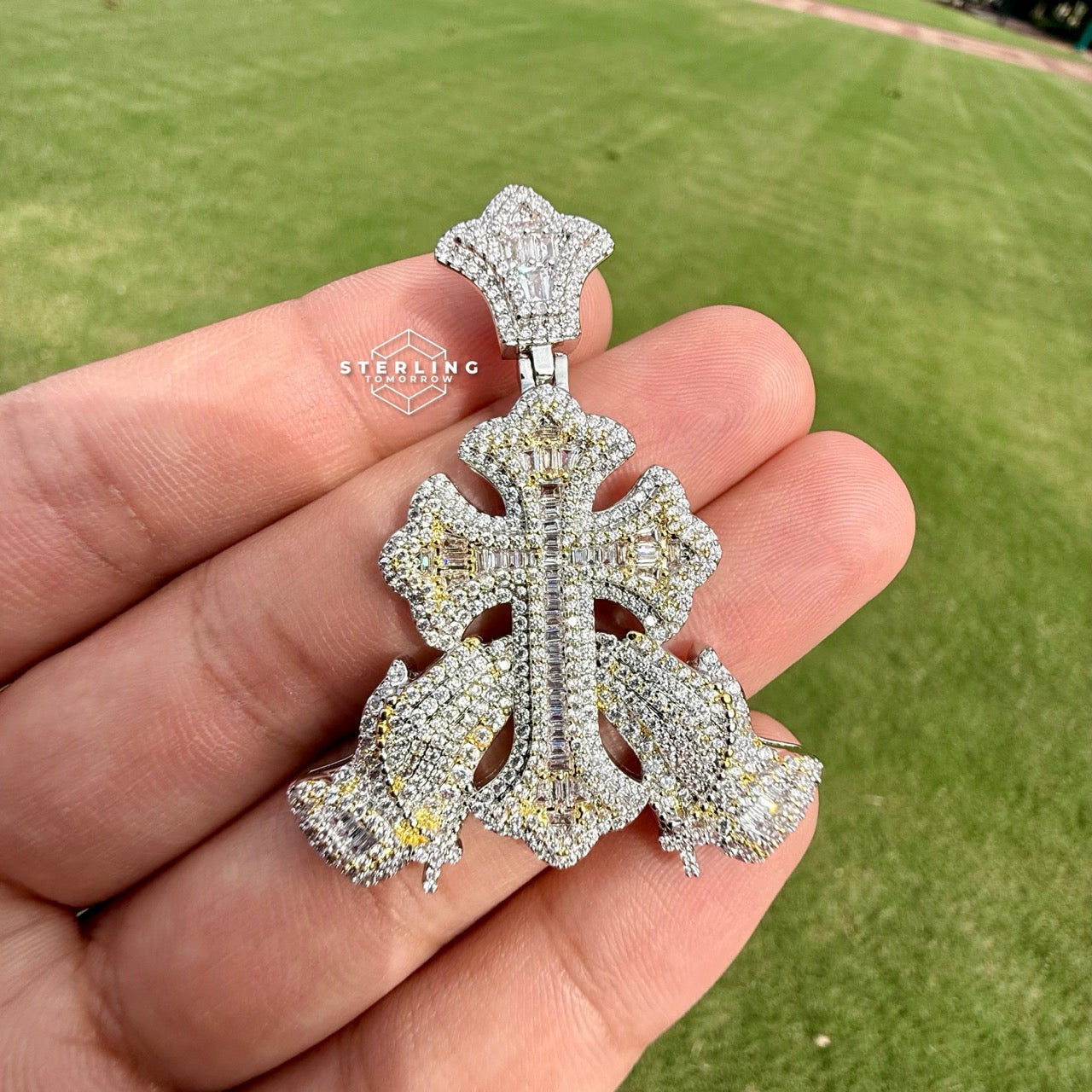 Cross with Praying Hands Yellow Two Tone Iced Out Pendant