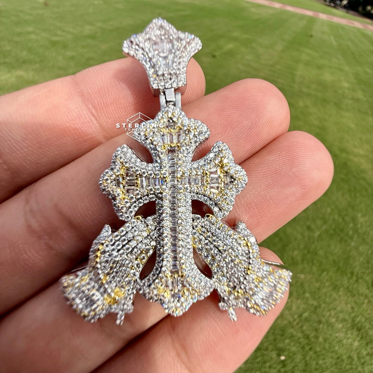 Cross with Praying Hands Yellow Two Tone Iced Out Pendant