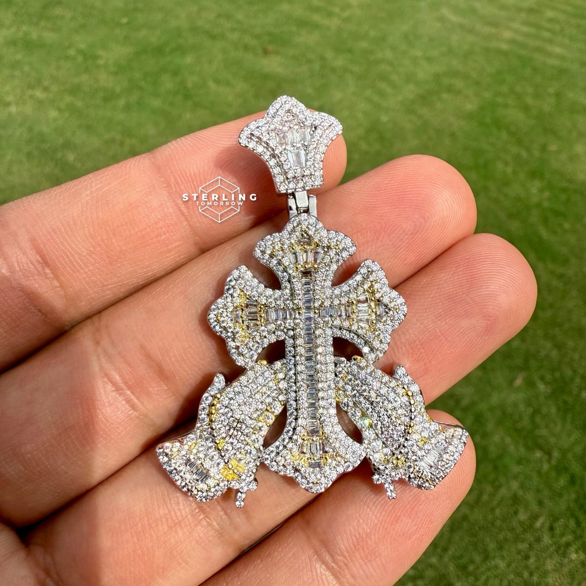Cross with Praying Hands Yellow Two Tone Iced Out Pendant