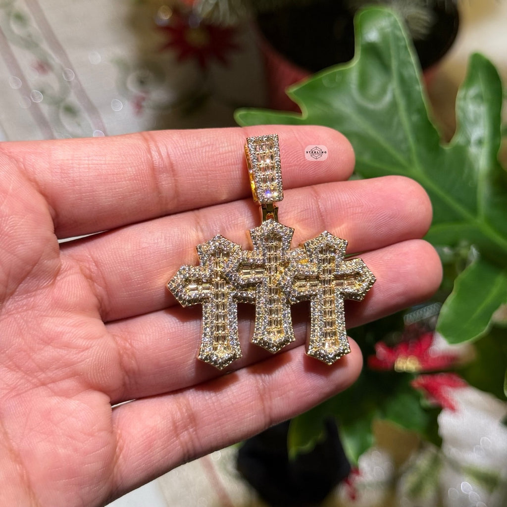 Triple Cross Baguette Iced Pendant 14K Gold Finish