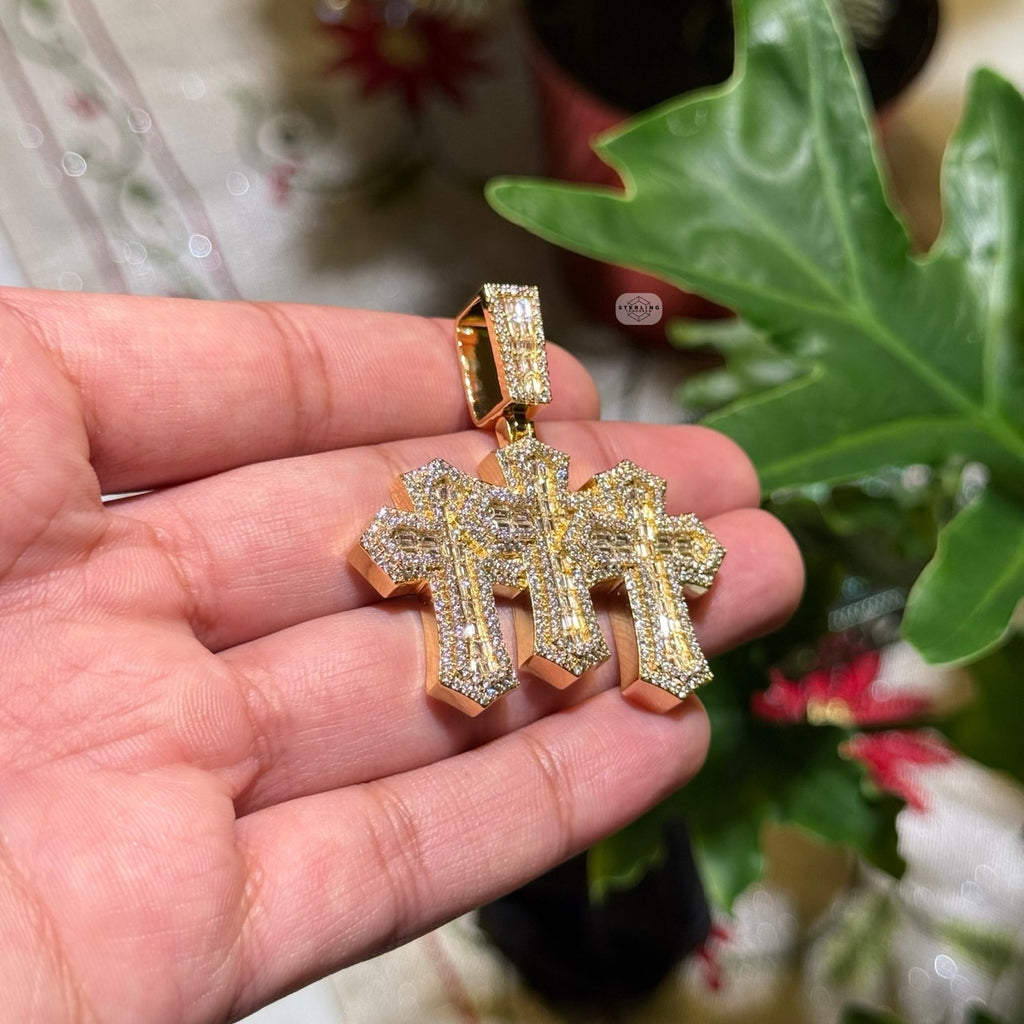Triple Cross Baguette Iced Pendant 14K Gold Finish